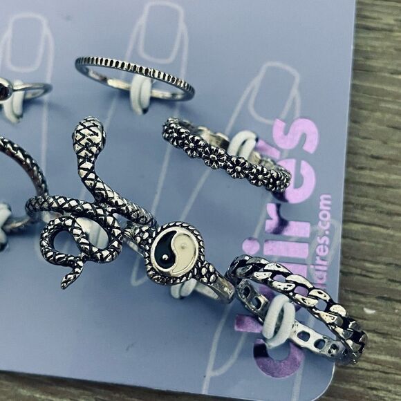 10-pc Silver Rings Set Snake Mushroom Peace Designs Claire’s - Picture 4 of 6